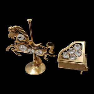 Crystal delight set of 2 carousel horse & piano 24k gold Crystal delight